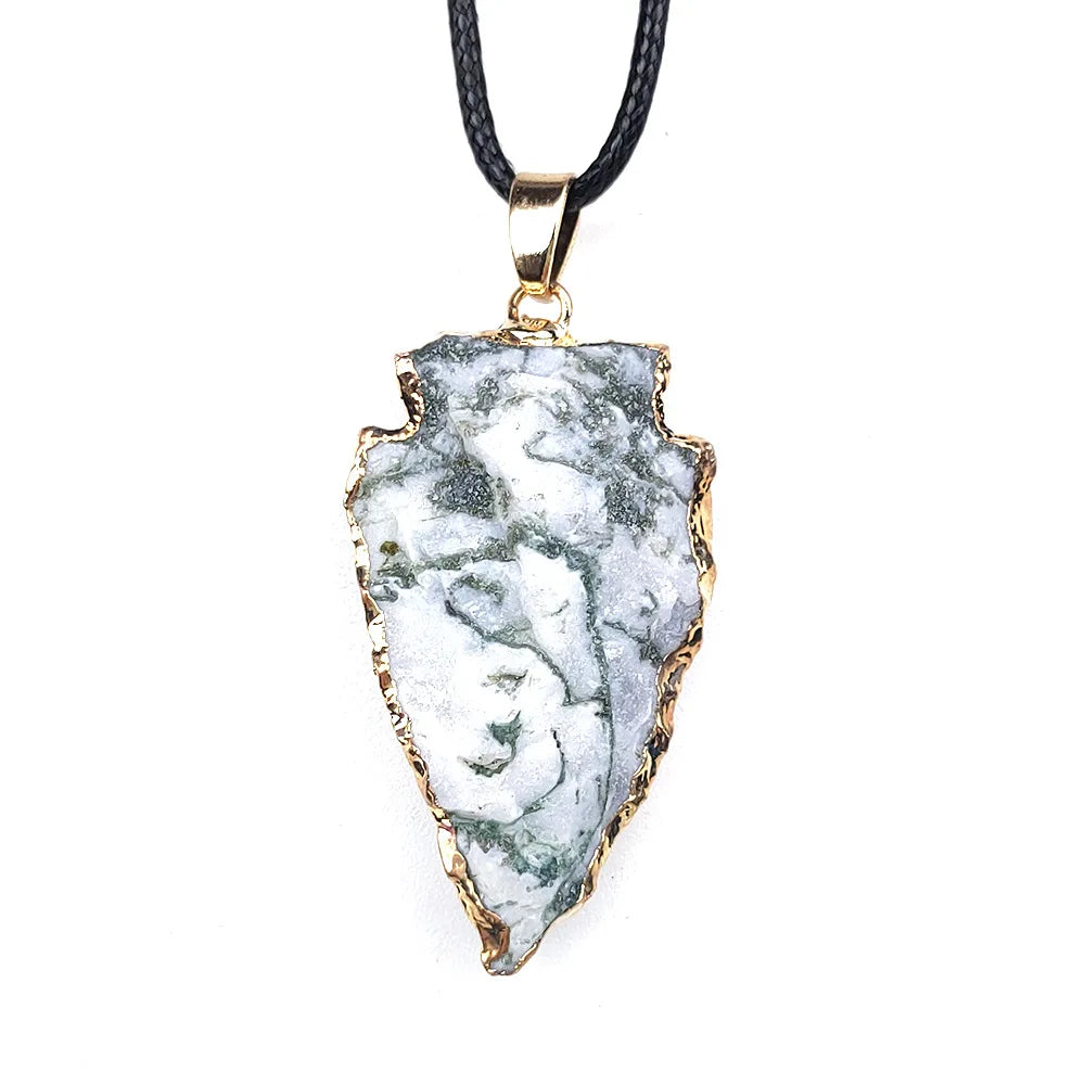 HZ Wholesale Stone Moss Agate Arrowhead Gold Electroplated Edge Pendant Charm Pendant Stone Pendants