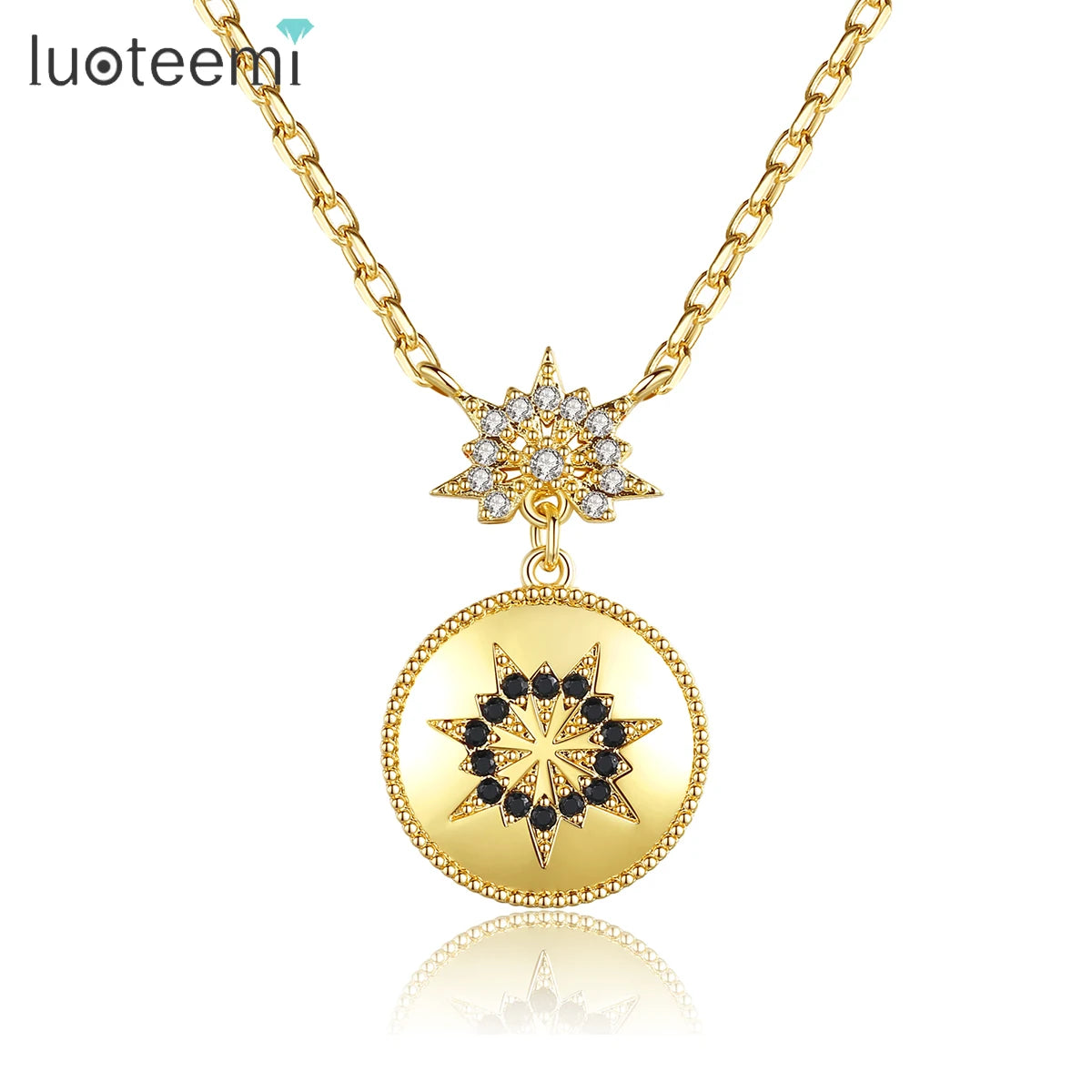 LUOTEEMI Black and White CZ 18K Gold Plated Engrave Flower Women's ZirconiaJewelry Necklace