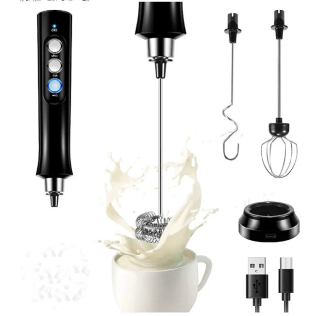Multifunctional 3 Speeds Adjustable Milk Foam Maker 3 HeadsElectric Mixer Egg Beater Usb Rechargeable Handheld Milk Frothe