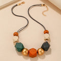 Vintage Wood Octagonal Beaded Necklace Multicolor Wood Beads Pendants Statement Necklace Wooden Bead Sweater Chain Jewelry