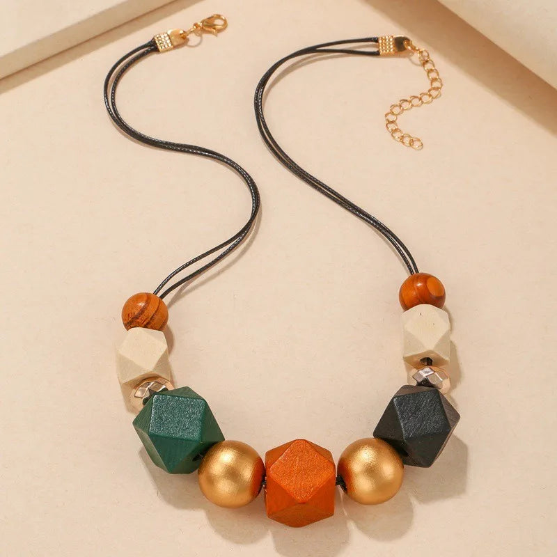 Vintage Wood Octagonal Beaded Necklace Multicolor Wood Beads Pendants Statement Necklace Wooden Bead Sweater Chain Jewelry