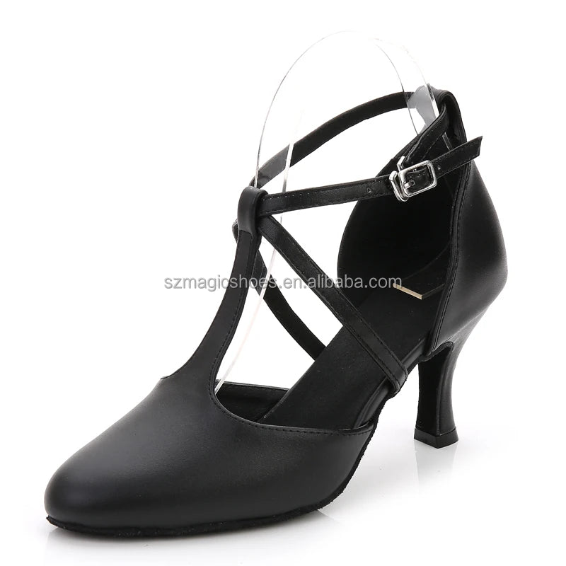 Wedopus Latin Dance Shoes Woman Microfiber Leather Black 7CM