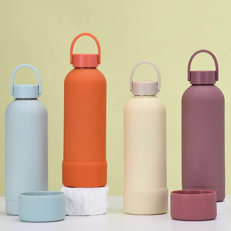 New Portable Double-Layer Stainless Steel Insulation Water Bottle Outdoor Simple Mouth Cup with Silicone Base and Handles