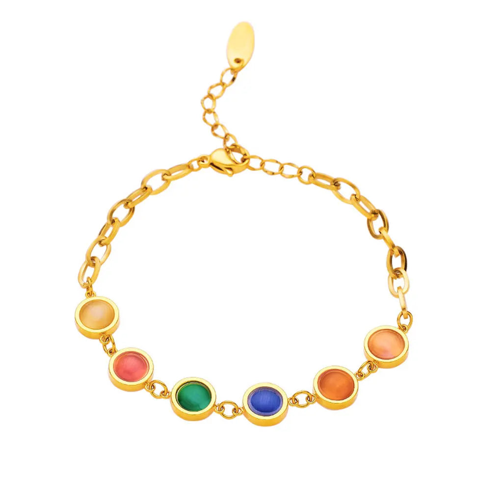 French Vintage INS Style 18k Gold Plated Stainless Steel Fashion Jewelry Round Opal Colored Gem Bracelet