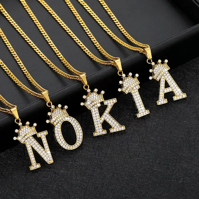 Cubic Zirconia Letter Cz Stone Copper Crown Pendant 18k Gold Plating Ice Out Initial Stainless Steel Necklace Couples Gift