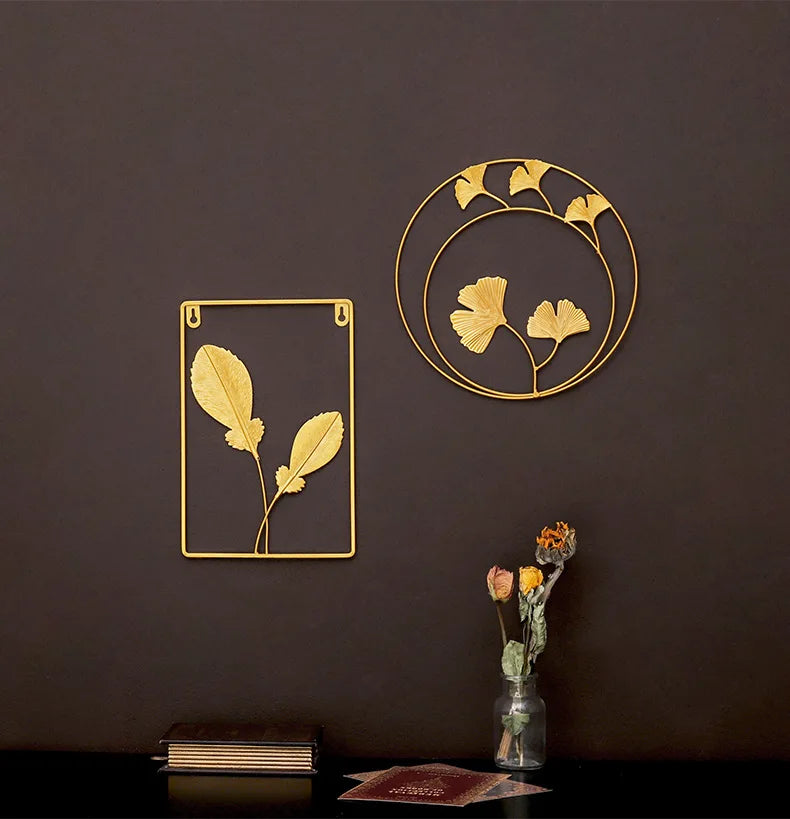 Metal Gingko Leaves Wall Sculptures Home Interior Lobby Display Gold Iron Frame Flower Wall Decoration Hanging Art Decor