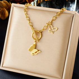 New Trendy Stainless Steel Butterfly Pendant Necklace Non Tarnish 18k Gold Plated Necklace With OT Toggle Clasp for Women Lady