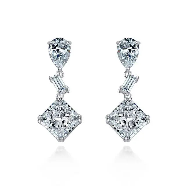 925 Silver Cut Cubic Zirconia Bridal Dangle Earrings Clear Square Drop Earrings
