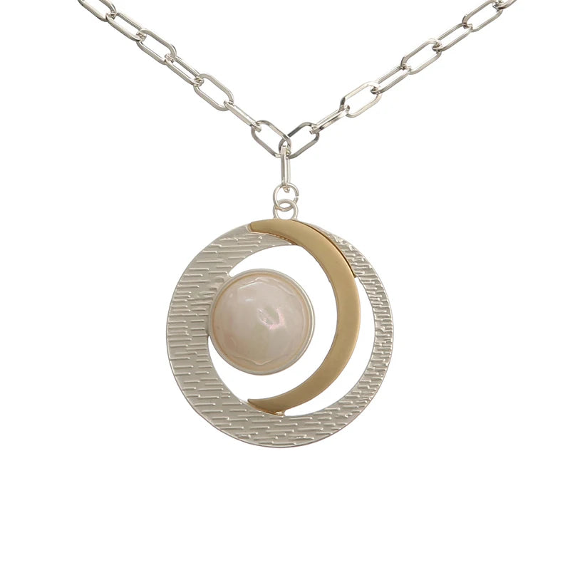 Boho Jewelry Irregularly Stone Two Tone Round Pendants Insert Moon Charm Fashionable  Jewelry Necklace
