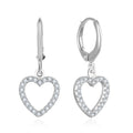 925 Sterling Silver Heart Shaped Romantic Dangle Rhodium Plated Round Lever Back Earrings