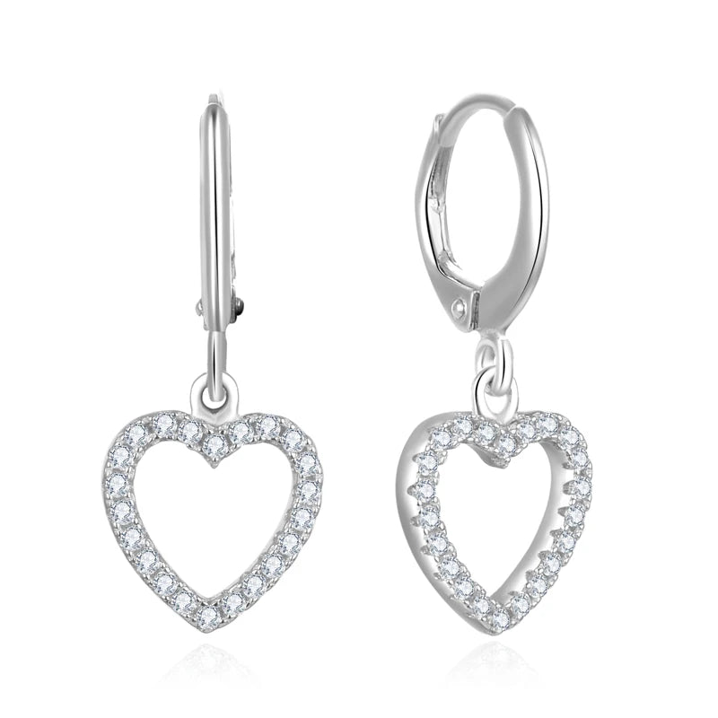 925 Sterling Silver Heart Shaped Romantic Dangle Rhodium Plated Round Lever Back Earrings