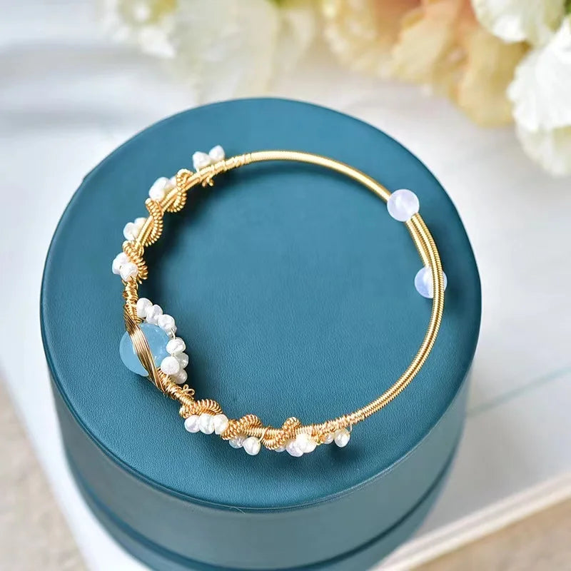 Hand Made Wire Wrapped 14k Gold Filled Natural Fresh Water Pearl Aquamarine Bangle  Healing  Crystal Gemstone  Jewelry