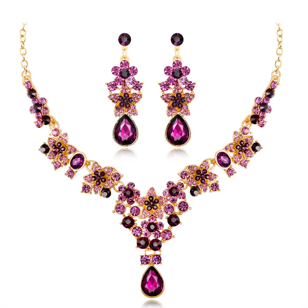 New Gold Plated Diamond Necklace Earrings Colorful Adjustable Bridal Necklace Long Earrings Set Pentagram Necklace Earrings Set