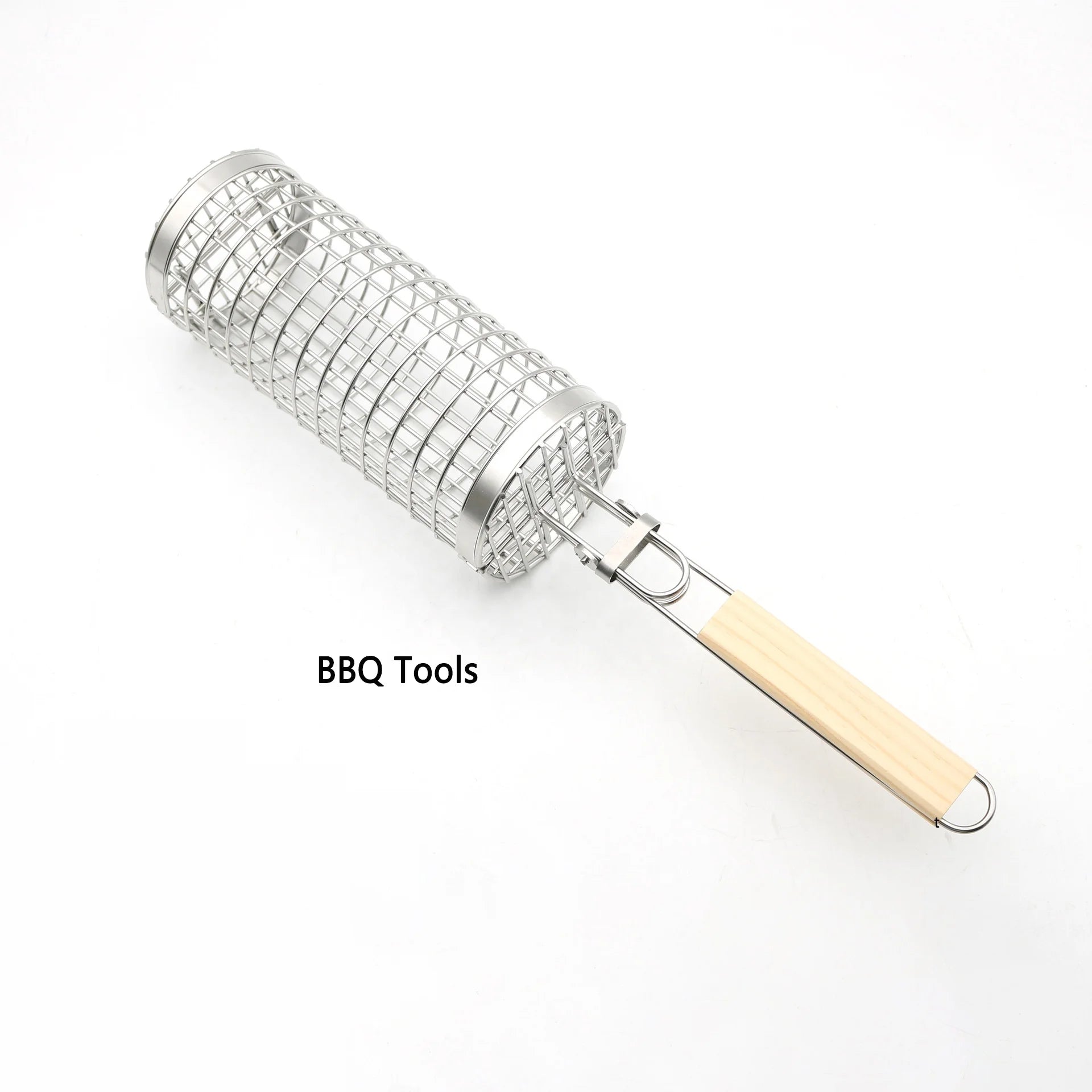 Portable Wooden Handle Stainless Steel New Round Net Tube Cylinder Bbq Rolling Grilling Baskets for Outdoor Grilling