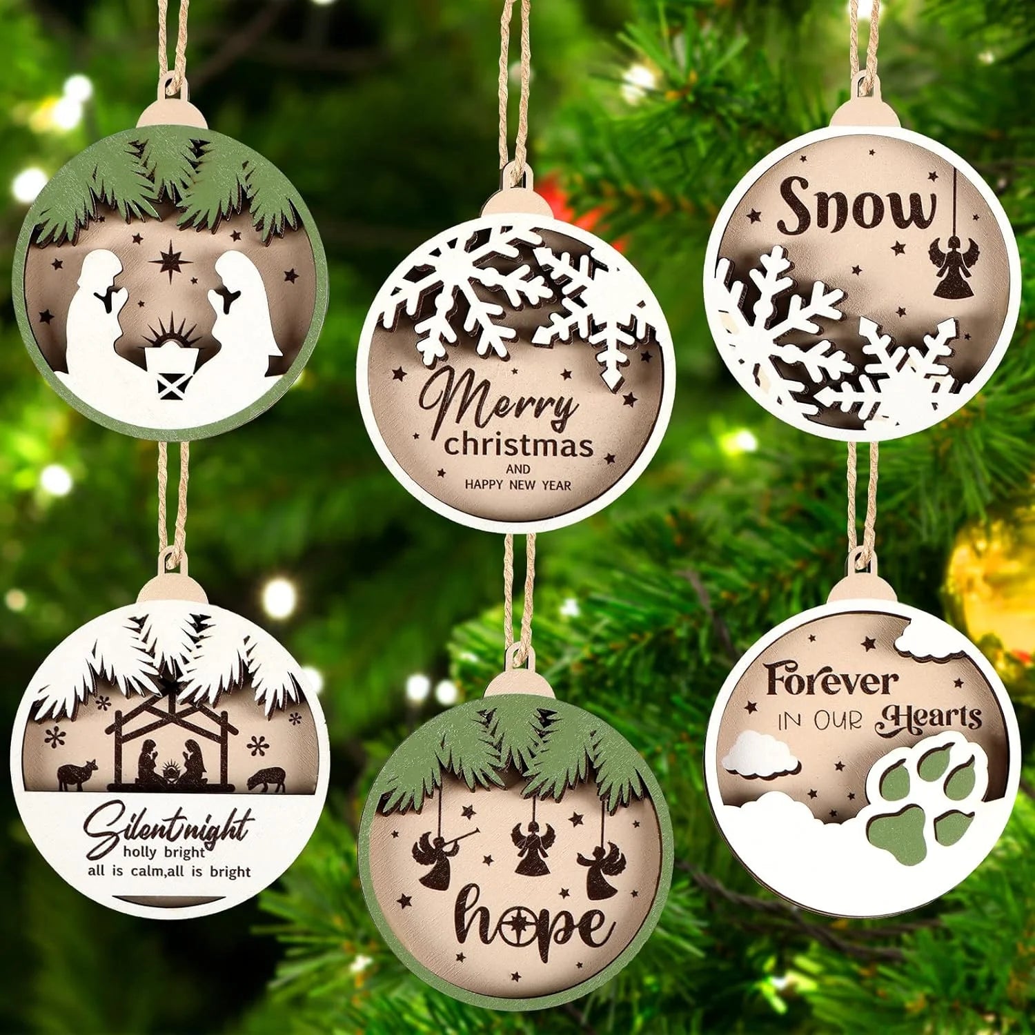UV Printed Double Sided 3D Christmas Laser Cut Wood Decorations Wooden Tree Ornament 3D Layered Engraved Nativity Wood Ornament