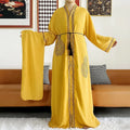 Muslim Yellow Front Open Zipper Breathable Lightweight Polyester Abaya Islamic Clothing Rhinestone 2 Pieces Abaya Hijab Set
