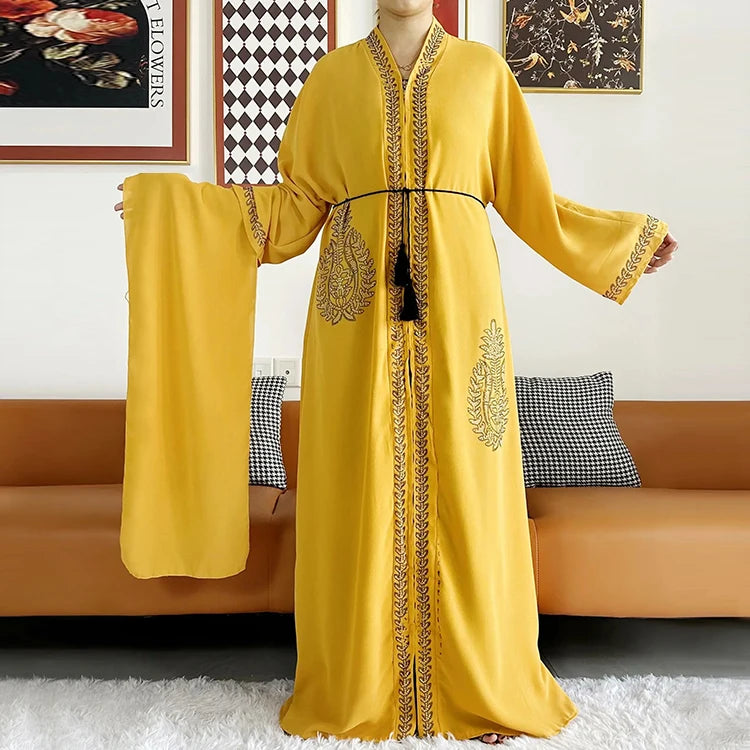 Muslim Yellow Front Open Zipper Breathable Lightweight Polyester Abaya Islamic Clothing Rhinestone 2 Pieces Abaya Hijab Set