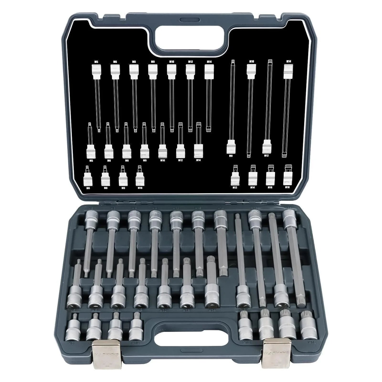GTYPRO 1/2 Drive 26pcs XZN Bit Socket Set Taiwan Quality S2 CR-V Internal Multi-tooth XZN Socket Screwdriver M4-M18 55MM 200MM