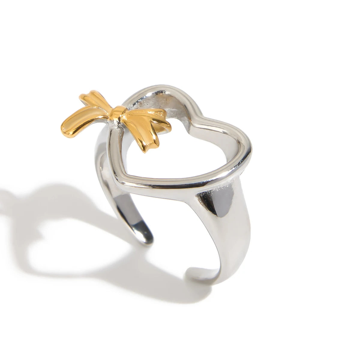 J&D Enchanted Romance Bow Ring 18K Gold Stainless Steel Hollow Heart Ring Openable Sweet Love Gift for Her Two-Tone Fashion Ring