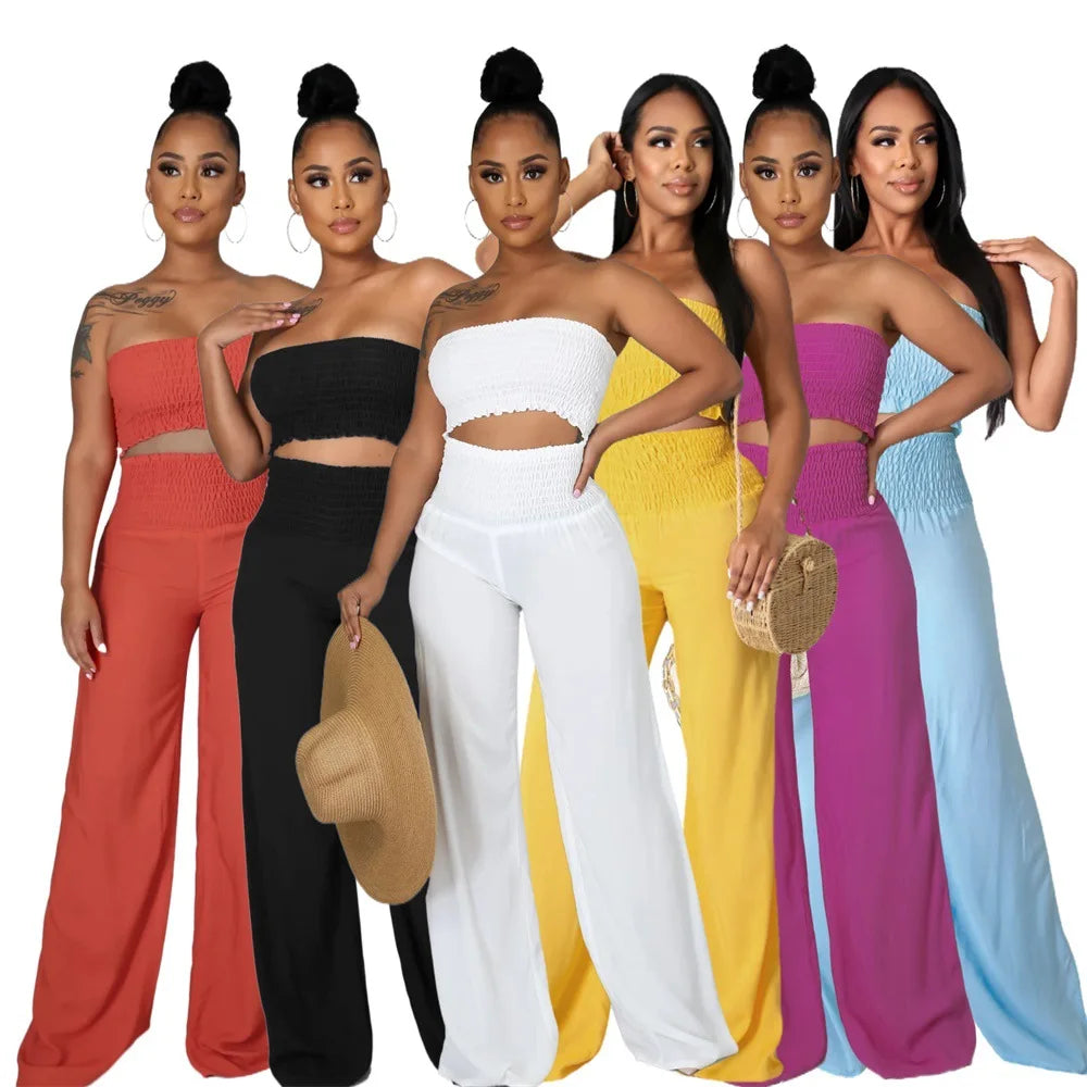 2026 New Women's Summer Sets Solid Color Tube Top Wide Leg Pants Trousers High Waist Stretch Feet Pants Set