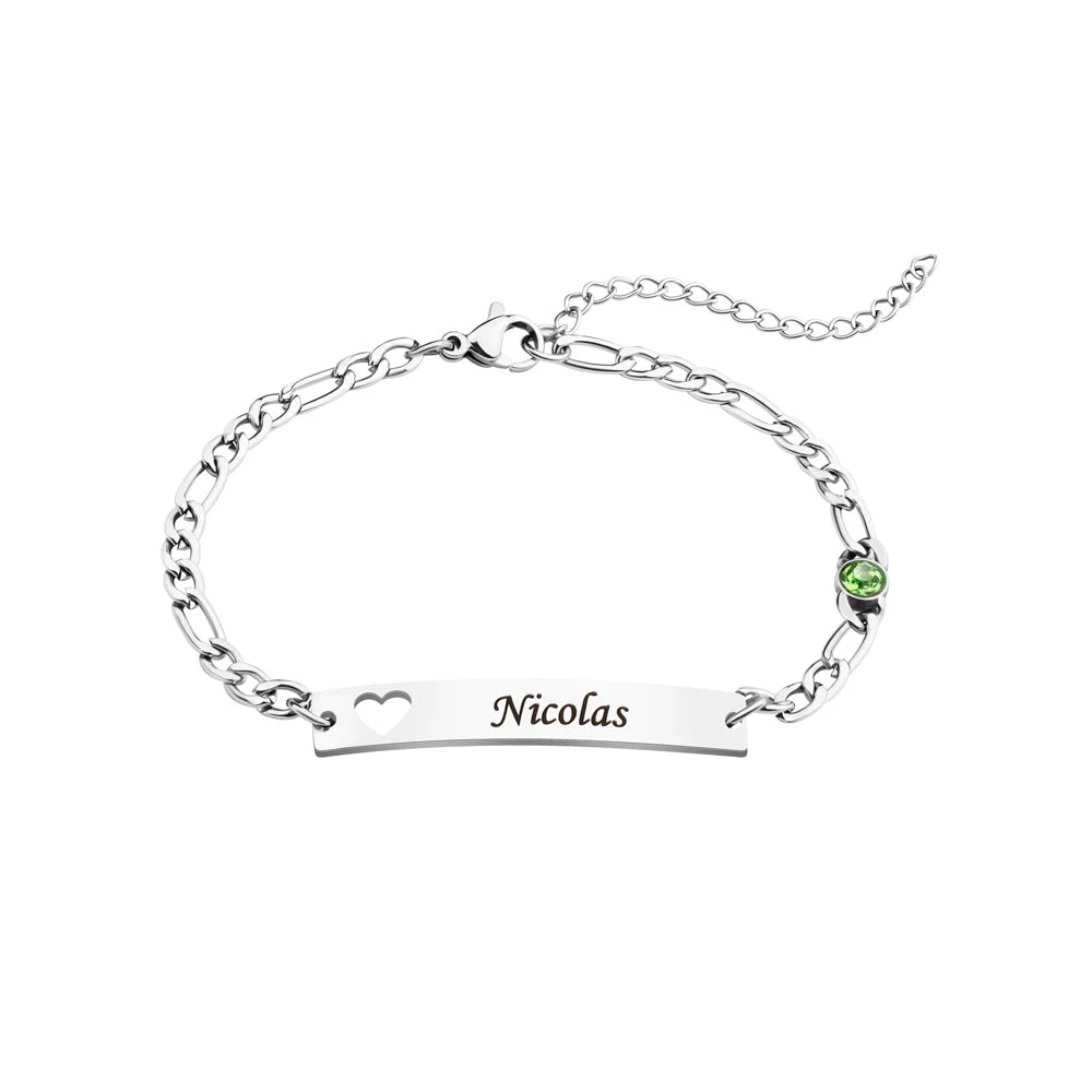 Personalized Id Name Bar Bracelets With Figaro Chain Birthstone Customized Gift for Women Men Couple Bracelet