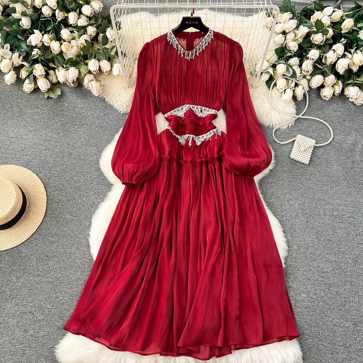 LE2504 Women's Midi Dresses Sweet Heavy Industry Chain Fringe Flowery Long Dress for Socialite Holiday Parties Boutique Outfit