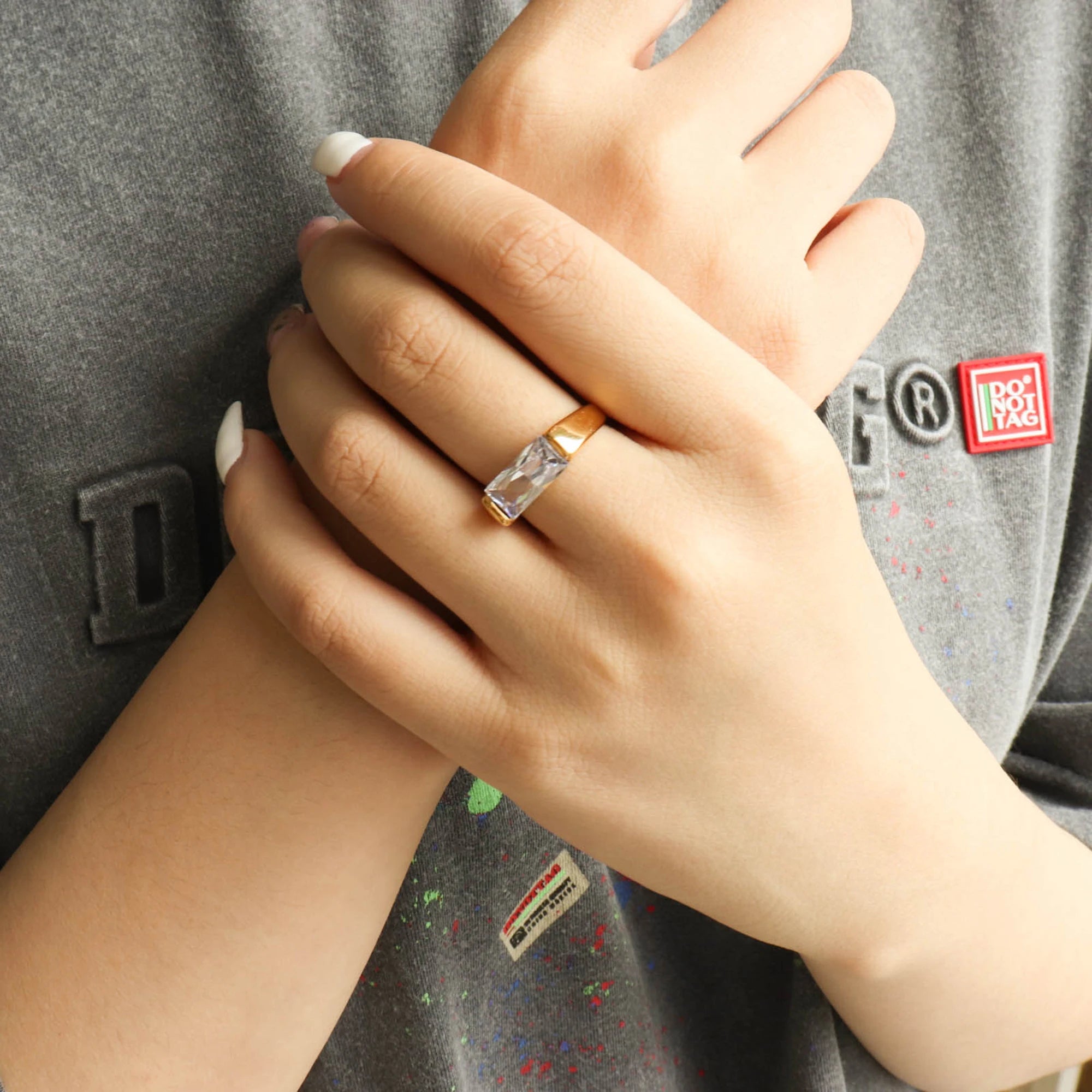 Chris April in Stock 316L Stainless Steel Minimalist PVD Gold Plated Baguet Zircon Signet Ring