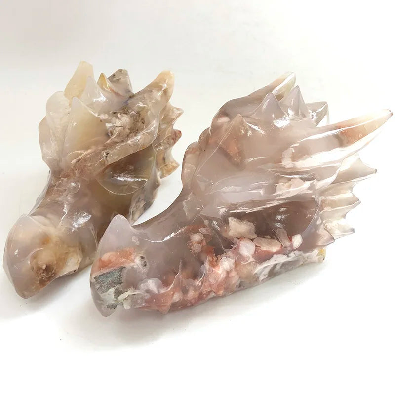 12 cm Flower Agate Dragon Head Carving Natural Reiki Crystal Carved Dragon Skulls Head Feng Shui