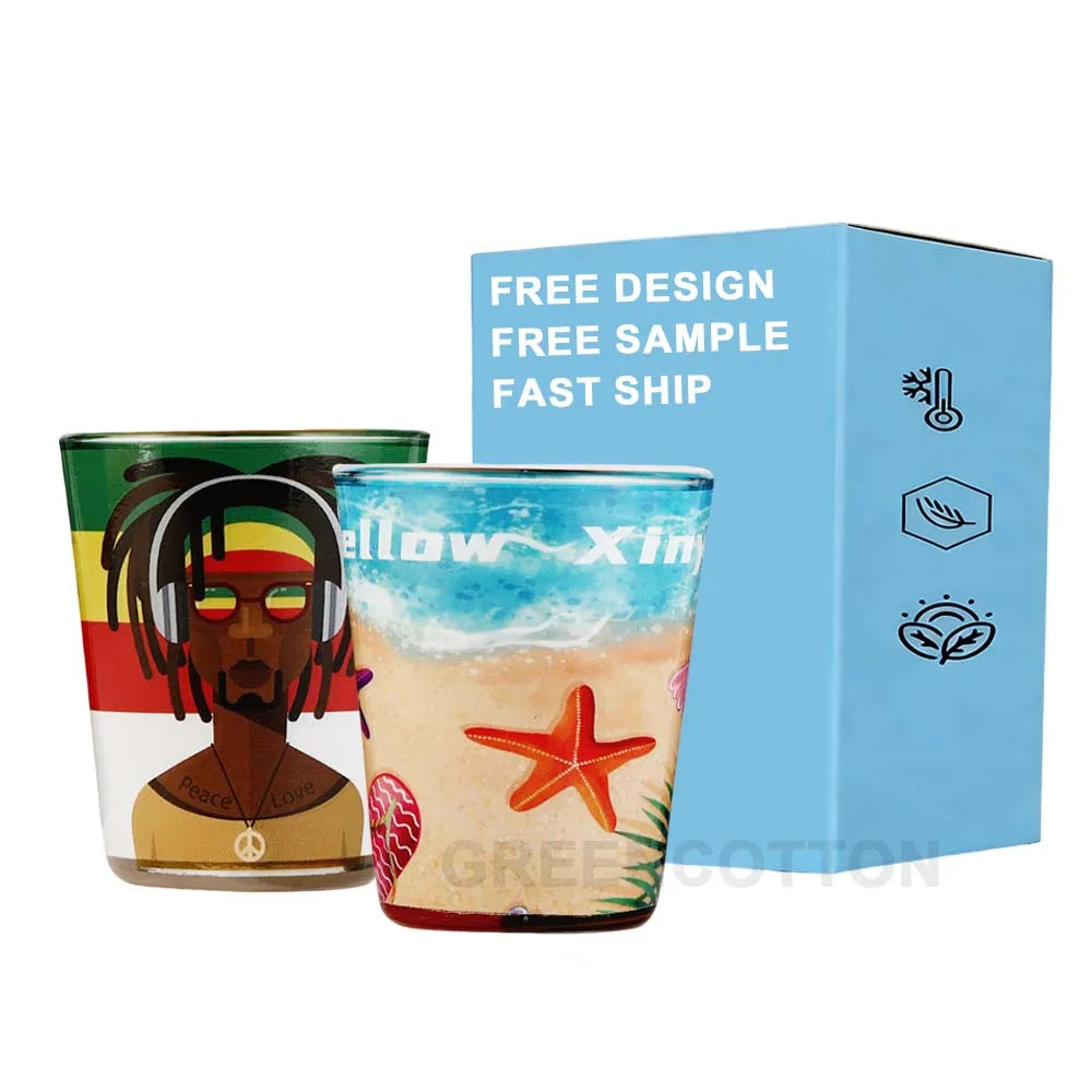 Custom Logo Shot Glasses Full Printing Clear Small Shot Glass for Whiskey Tequila Vodka 2oz Mini Glassware Cups With Heavy Base