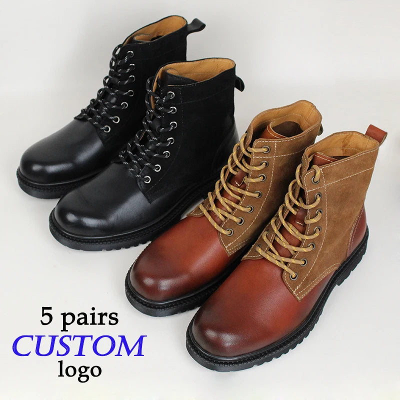 Men's Retro Cow Genuine Leather Chelsea Boots Black High Top Work Hiking Ankle Boots Summer Western Desert