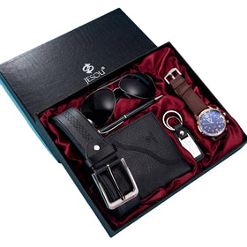 Men's Quartz Watch Gift Set with Glasses Wallet Key Chain Pen Box for Boyfriend Husband Dad Elder Men