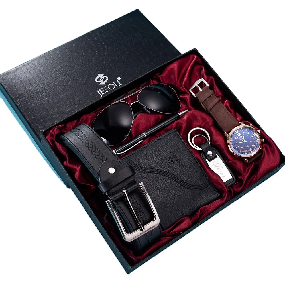 Men's Quartz Watch Gift Set with Glasses Wallet Key Chain Pen Box for Boyfriend Husband Dad Elder Men