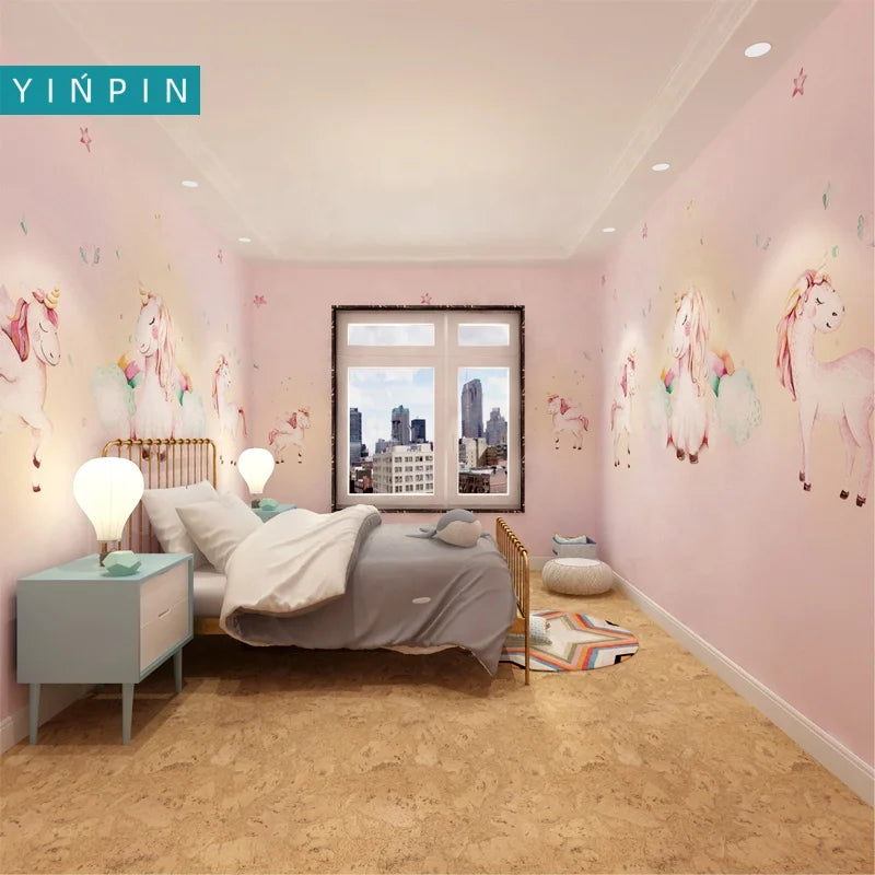 Pink Cartoon Unicorn Custom Modern Anti-Static Mural Wallpaper for Girls' Room