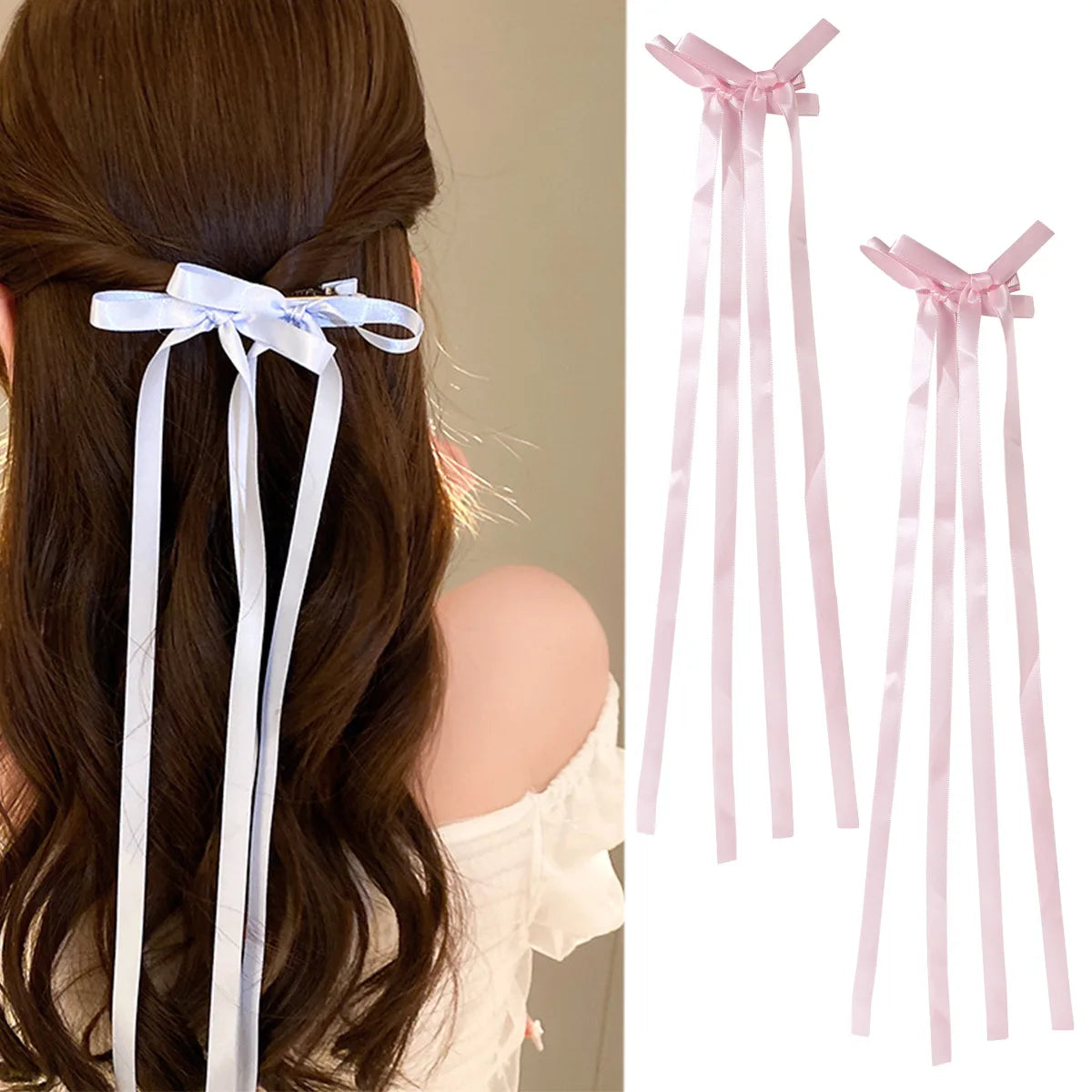 KUACHI Wholesale New Hot Sale Bow Hair Clips Sweet Double Bow Long Ribbon Satin Hair Bow Korean Hair Clips for Women