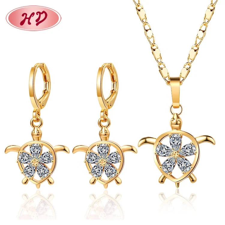 Wholesale Fashion Women 18KLaminated Gold Wholesale White Cute Turtle Zircon Earring Necklace Jewelry Sets for Women