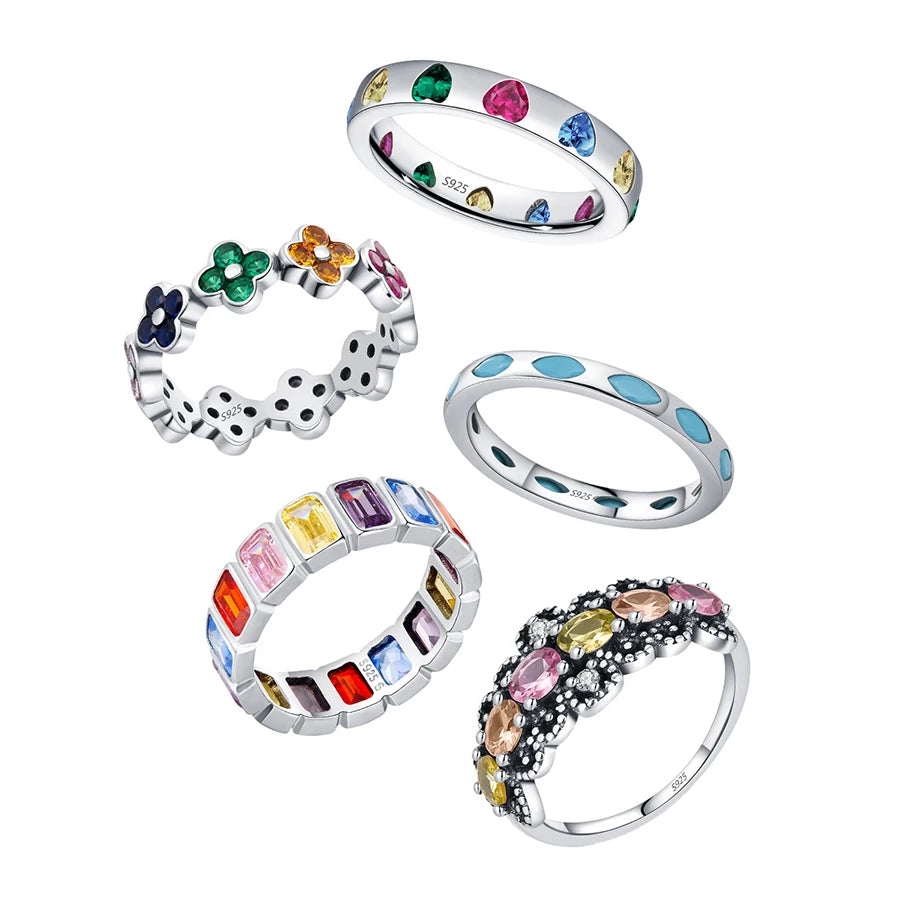 Factory Price 925 Sterling Silver Colorful Gemstone Rings Collection Hypoallergenic Rainbow Stackable Eternity Band for Women