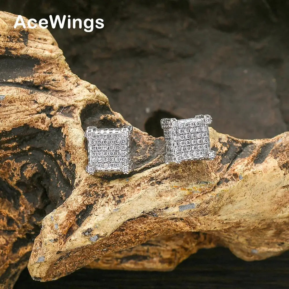 E004 Gold Plated Hip Hop CZ Stud Earrings Brass Setting Charm Style for Anniversary Occasions