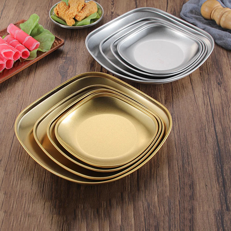 Korean Stainless Steel Seasoning Dish Gold square Kimchi Snack Dessert Sushi Fruit Plate Soft Edge Creative Cold Dish