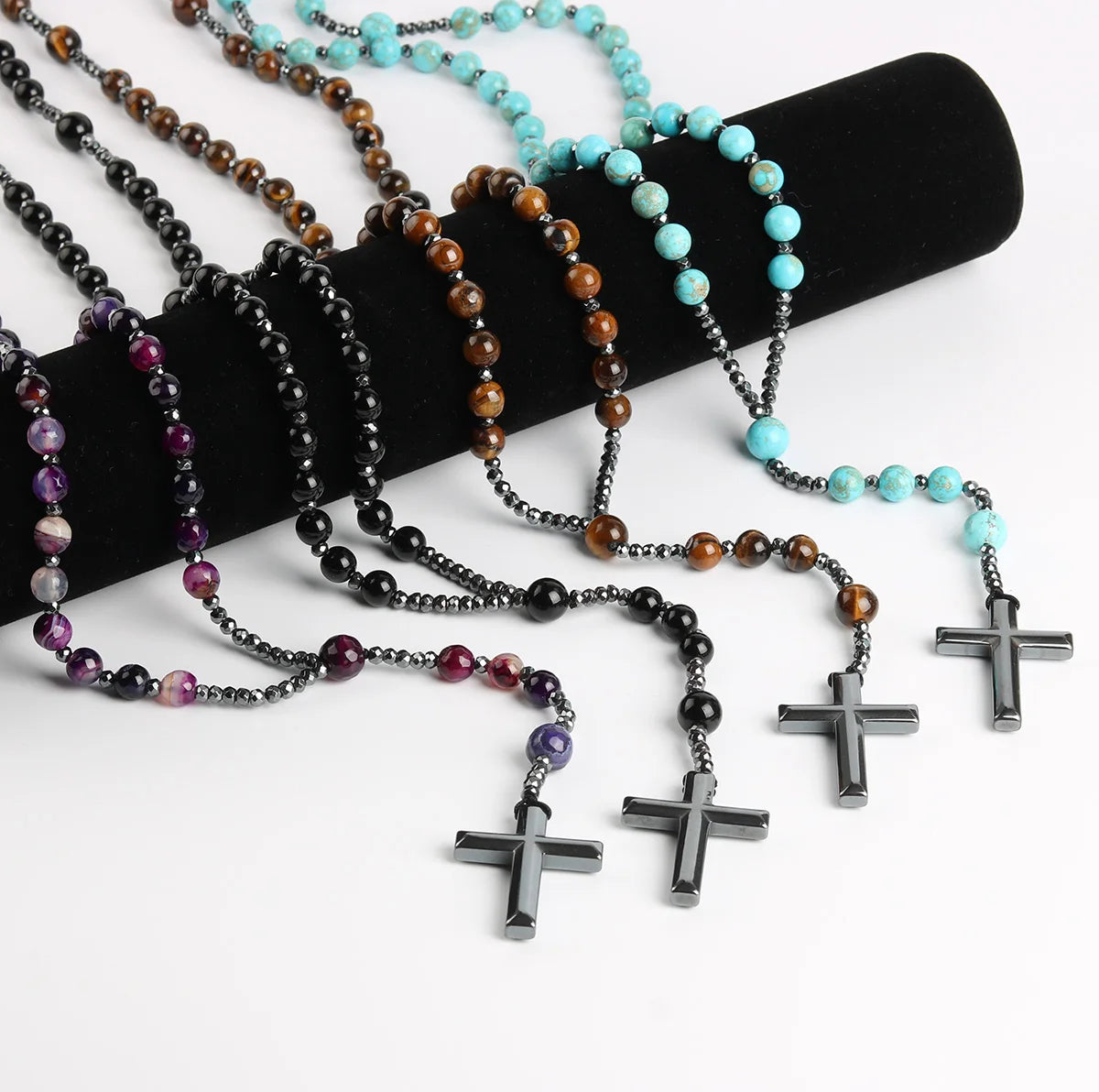 Natural Stone Cross Metal Pendant Necklace Men Hematite Tiger Eye Turquoise Gemstone Beaded Rosary Christian Jewelry
