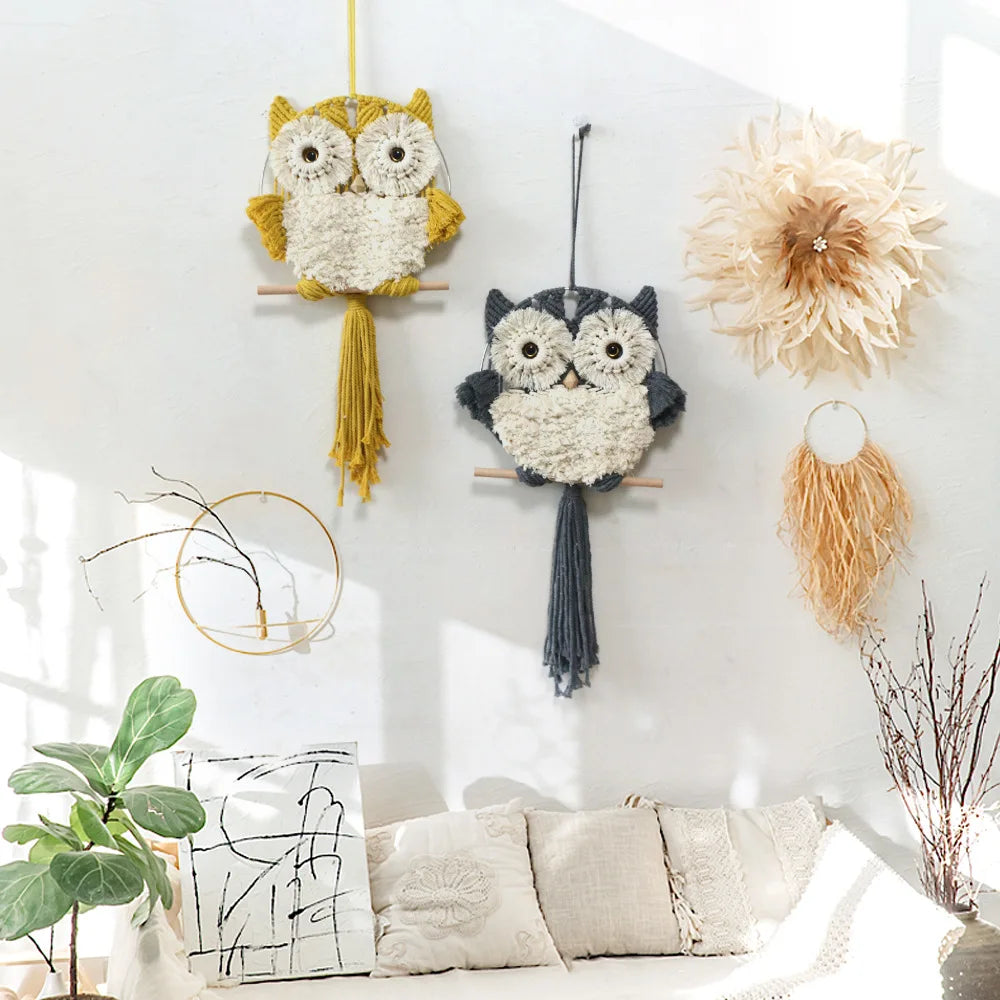 Y-Z Owl Modern Bohemian Macrame Wall Hanging Handmade Cotton Rope Decor Woven Wall Hanger Ornament for Wedding