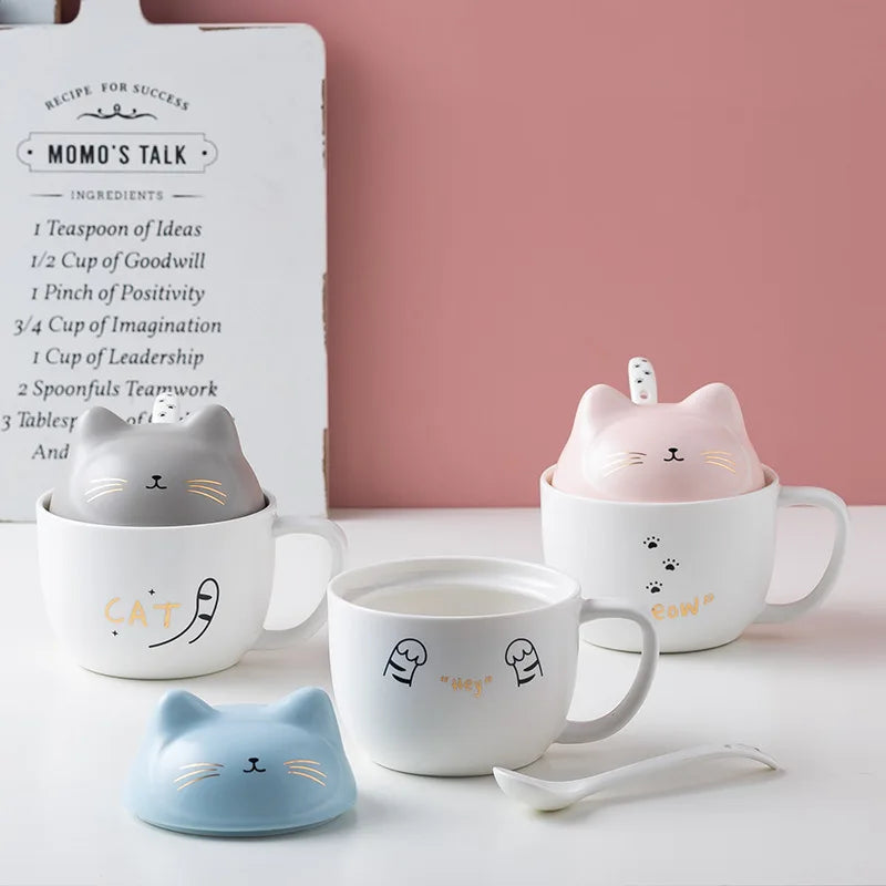 Cute Porcelain Cat Coffee Tea Milk Mug Ceramic 3D Animal Mug Fun Mug With Lid