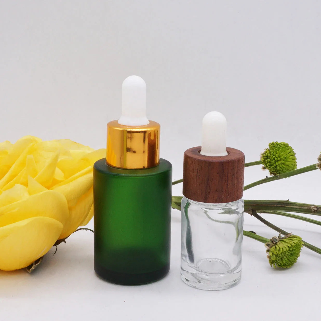 Flat Shoulder 15ml clear Glass Dropper Bottle with Darkn Wooden Lid