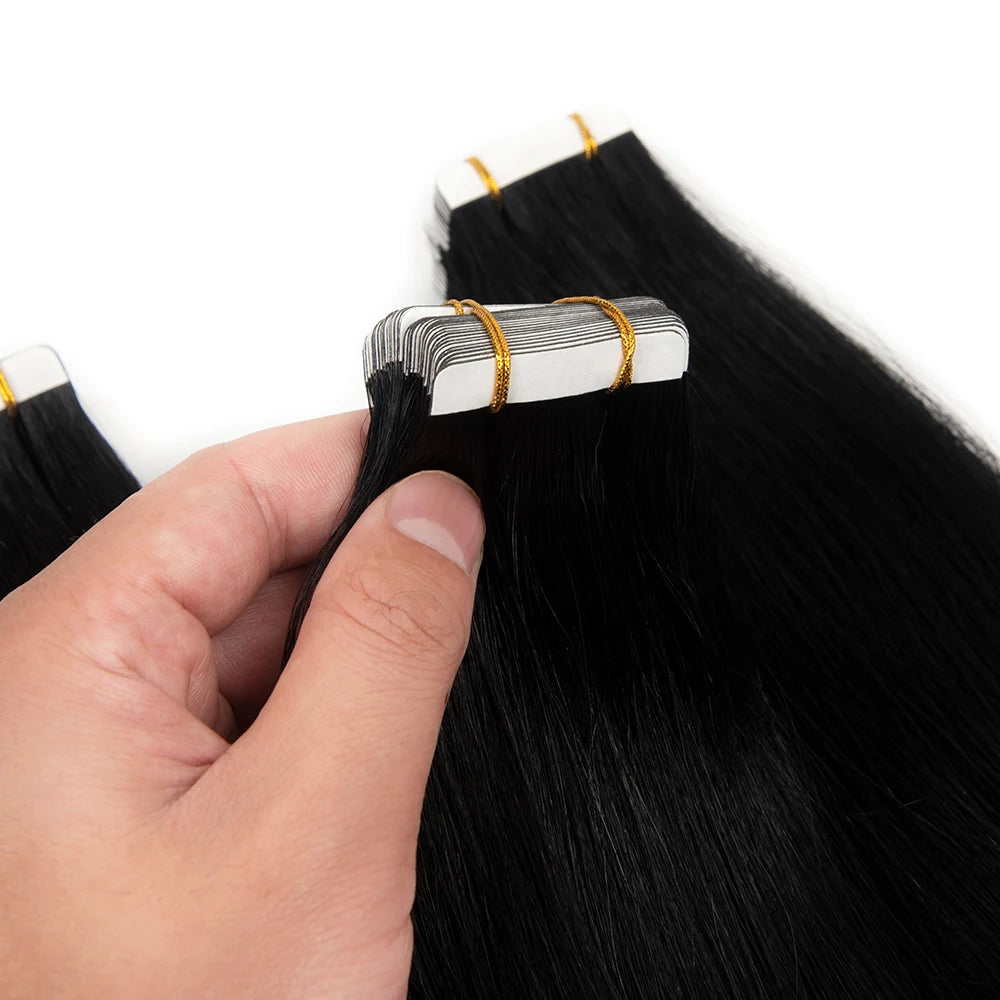 Ready to Ship #1b Black Bone Straight Tape in Hair Raw Natural 40 Pieces Russian Double Drawn Raw Remy Tape Hair
