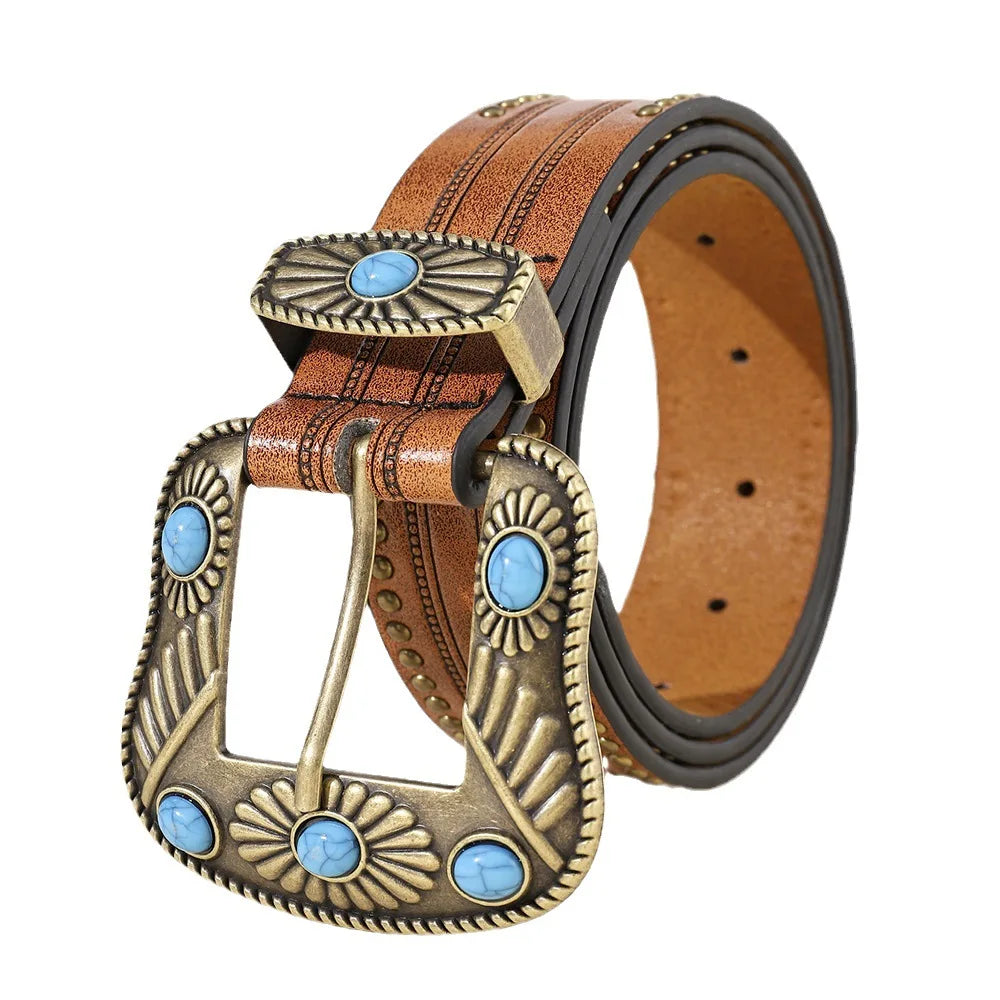 Western Cowboy-style Turquoise Cowgirl Ladies Concho Belts Vintage Design Embossed Bohemian Leather Belt