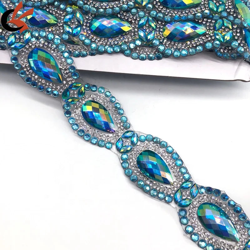 Customized Sparkling Colors AB Resin Drops Gems Motif Iron on Trimming Hot Fix Rhinestone Trimming