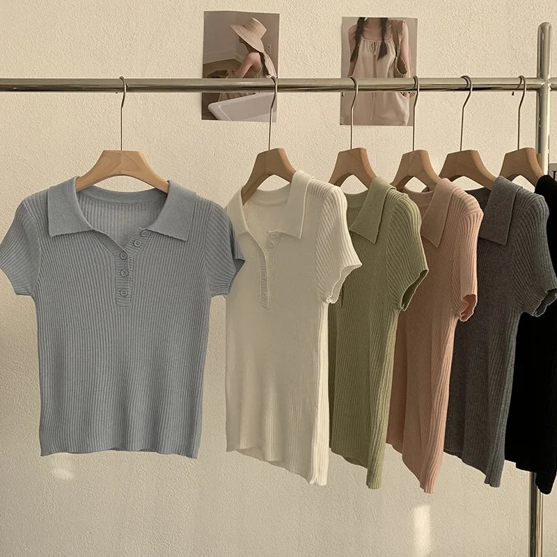 Stock New Colors Knitted Tops Spring Summer Rib V Neck Button Solid Women Knitwear T-shirt Top De Punto Para Mujer