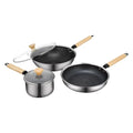 New 5PCS Classic Durable Non-Stick Tri-Ply 304 Stainless Steel Cookware Set with Glass Lids and Wooden Handles