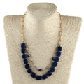 Punk Two Layer Link Chain Square  Lapis Lazuli Dark Blue Crystal Glass Pearl Necklace