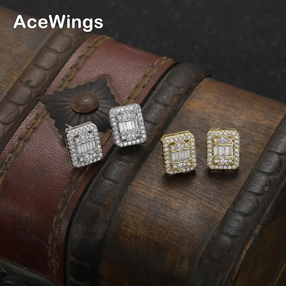 E023 Hip Hop CZ Charm Stud Earrings Women's Brass Setting Zircon Gold Plated Geometric Anniversary