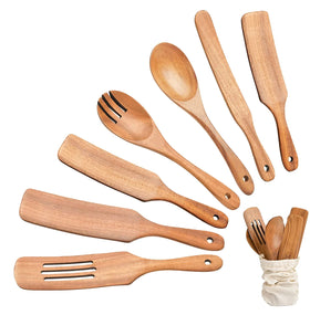 Hot Sell Mutoulao 7Pcs Spoons & Spurtles Natural Acacia Wood Kitchen Utensil Set Hand Wash Only